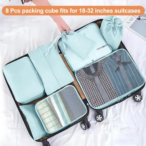 Vista 2 de Cubos de equipaje para viaje juego de 8 bolsas organizadoras de equipaje para la familia, de malla transpirable, juego de bolsas esenciales de viaje