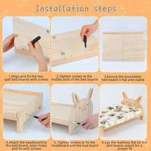 Vista 7 de BWOGUE Cama grande de madera de conejo, cama plegable 2 en 1 para mascotas con cojín reversible y almohada, fácil de montar, camas para animales