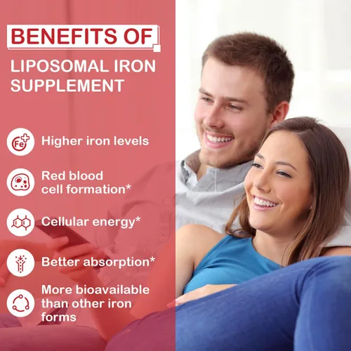 Vista 6 de Suplemento liposomal de hierro Fe para mujeres, suplemento de hierro de 65 mg con ácido fólico y vitamina B12 para hombres, apoyo diario de sangre