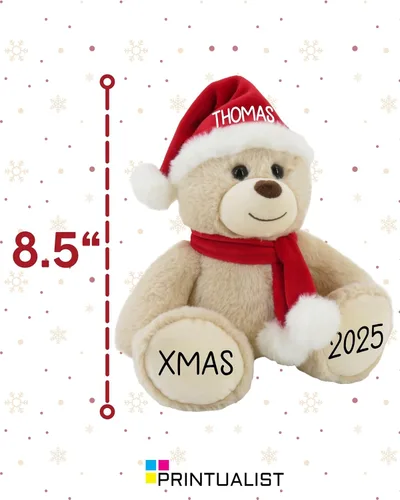 Vista 3 de Oso de Navidad Personalizado 2025 – Osito de Peluche Beige Personalizado de 8.5 pulgadas con Sombrero y Bufanda – Lindo Oso Navideño con Tu Nombre