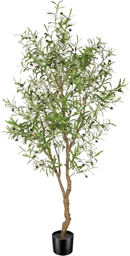 Vista 9 de FEELEAD Árbol de olivo artificial de 5 pies, olivo sintético con hojas realistas y tronco natural, olivo falso en maceta para el hogar, sala