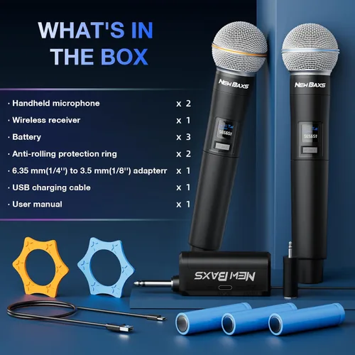 Vista 8 de Micrófono inalámbrico, micrófonos recargables inalámbricos de mano duales dinámicos, micrófonos de karaoke NEW BAXS con salida de 1/4 pulgada