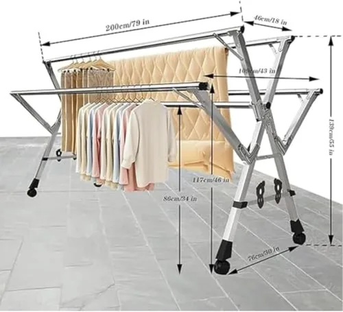 Vista 7 de Space-Saving Clothes Drying Rack, Foldable Stainless Steel Laundry Hanger with 5 Poles, Shoe Rack & 360° Wheels (160cm/63in 160cm/63in)