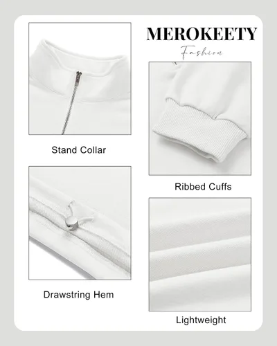 Vista 5 de MEROKEETY Sudadera corta con cremallera de un cuarto para mujer, manga larga, cuello alto, con cordón