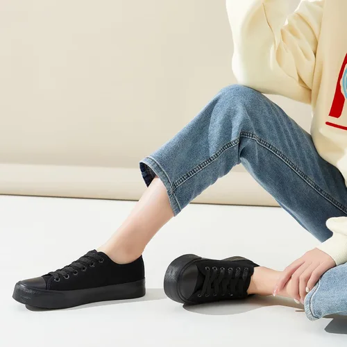 Vista 7 de Zapatos de lona transpirables para mujer, tenis de lona con cordones para mujer, tenis de moda de caña baja, tenis clásicos en blanco y negro