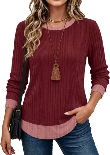 Vista 8 de WIHOLL Camisas de manga larga para mujer, trajes de otoño, suéteres ligeros Negro - blanco