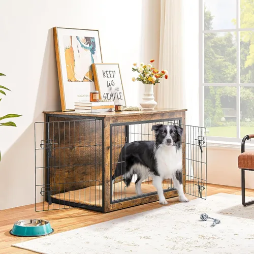 Vista 9 de Yaheetech Jaula para Perros de 40'' como Mueble con Cojín, Jaula de Madera para Perros con Puertas Dobles/Patas Ajustables, Mesa Lateral para Perros