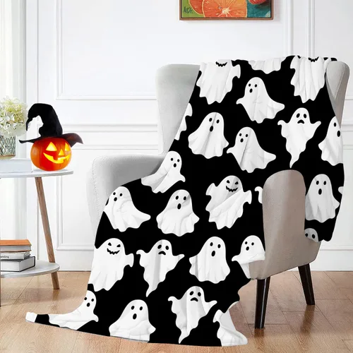 Vista 3 de Jbralid Manta de Halloween divertida con fantasma, lindo y espeluznante de Halloween, manta de franela ligera y acogedora para dormitorio, sala