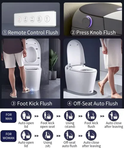 Vista 3 de EPLO Inodoro inteligente con apertura/cierre automático, inodoro bidé con tanque incorporado, asiento calentado, descarga con patada, tanque