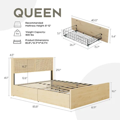 Vista 2 de Yechen Marco de Cama Queen con Cabecera de Ratán Natural y 4 Cajones de Almacenamiento de Madera, Plataforma de Metal con Fuerte Soporte de Listones