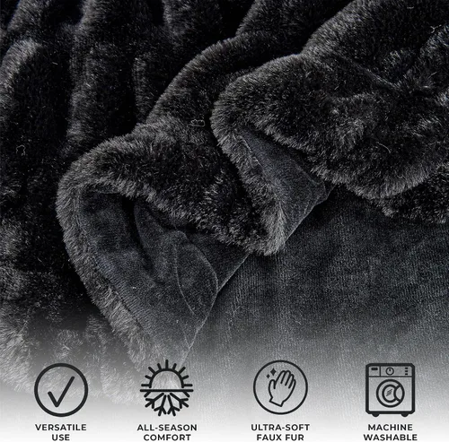 Vista 2 de Great Bay Home Manta mullida de piel sintética fruncida, color negro, ultra suave, reversible, manta gruesa para silla, sofá o cama, manta cálida