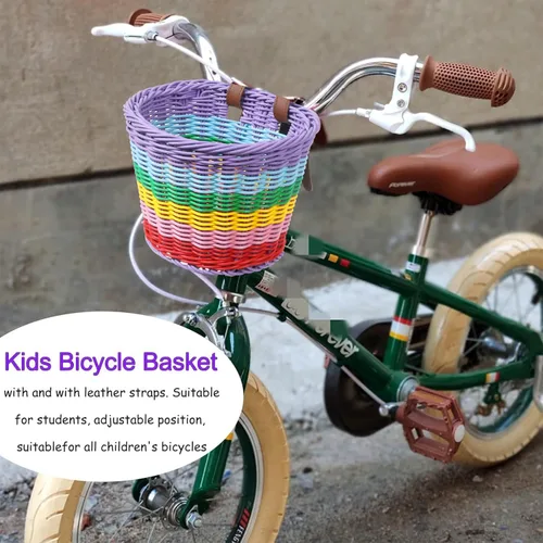 Vista 6 de Cesta de bicicleta para niñas, cesta de bicicleta ajustable para manillar delantero con serpentinas de bicicleta, juego de campana/molino de viento