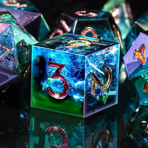Vista 7 de AUSTOR Juego de dados DND de 7 dados, dados poliédricos de borde afilado hechos a mano para juegos de mesa de Calabozos y Dragones RPG MTG