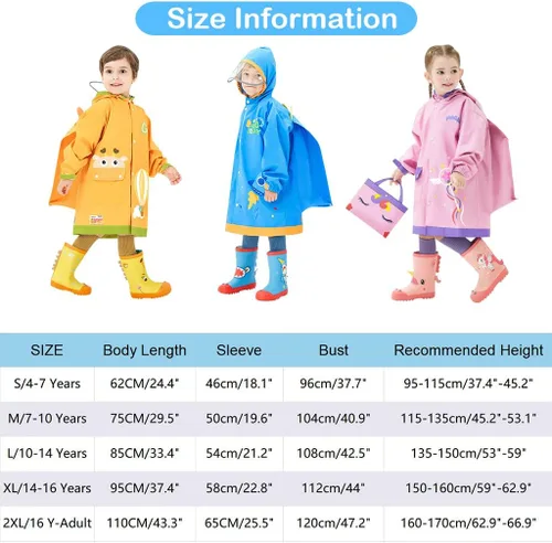 Vista 7 de Chubasquero para niños y niñas, poncho de lluvia con capucha, impermeable, impermeable, reutilizable, para lluvia de 4 a 18 años