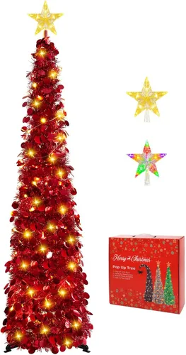Vista 19 de MACTING Árbol de Navidad desplegable con 50 luces LED con temporizador, 5 pies, árbol de lápiz de oropel plegable de fácil montaje, árbol artificial