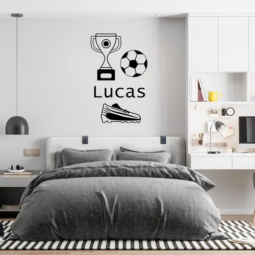 Vista 26 de Calcomanía personalizada con jugador de fútbol que pasa una pelota y una pelota enorme, decoración de fútbol de larga duración para la habitación