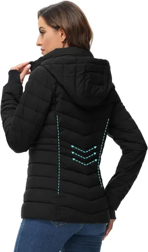 Vista 3 de ROYAL MATRIX Chaqueta acolchada plegable para mujer, chaqueta acolchada ligera para invierno, cálida chaqueta acolchada con capucha desmontable Negro