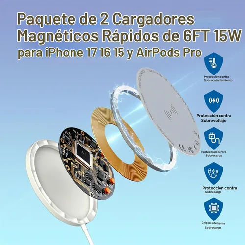 Vista 5 de Cargador MagSafe para iPhone, cargador inalámbrico magnético de 15 W, almohadilla de carga rápida de 6 pies, cargador MagSafe de Apple para iPhone