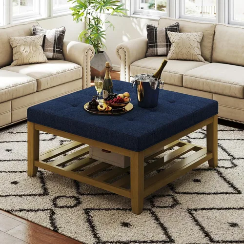 Vista 13 de Otomana con banco de almacenamiento, mesa de centro otomana de lino, gris oscuro Solid frame for added stability, 3.2-inch storage ottoman cushion