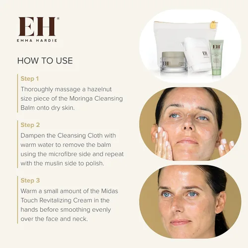 Vista 5 de Emma Hardie Kit de iniciación: Bálsamo limpiador de moringa de tamaño de viaje de 1.7 fl oz, tamaño de viaje, 0.5 fl oz de crema revitalizante Midas