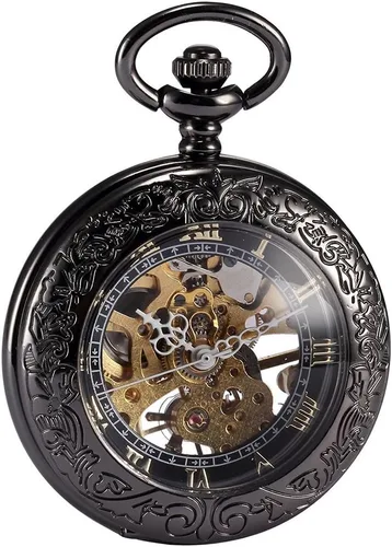 Vista 2 de Steampunk esqueleto mecánico de cobre Fob Retro reloj de bolsillo, Negro -, Mecánico