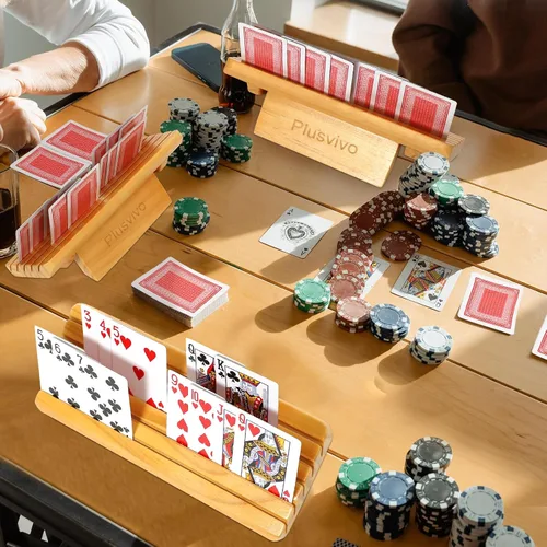 Vista 5 de plusvivo Juego de 4 tarjeteros para cartas con soporte ajustable, para personas mayores, adultos y niños, 5 ranuras de hasta 110 tarjetas, soporte