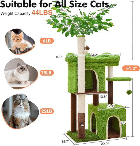 Vista 5 de Woochpet Árbol para gatos de 60 pulgadas con poste rascador para gatos en forma de árbol con 2 casas grandes para gatos y cama de percha superior