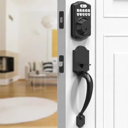 Vista 9 de IXTECH Juego de cerradura de puerta de huellas dactilares, cerrojo de cerradura de puerta de entrada sin llave con mango y 2 llaves, bloqueo Bronce