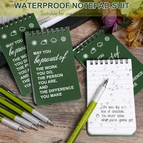 Vista 5 de Cuaderno impermeable de 24 piezas con juego de bolígrafos multiherramienta que incluye 3 x 5 bloc de notas de bolsillo en espiral superior y Verde