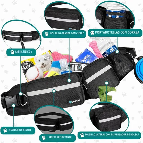 Vista 3 de Correa para perro PetAmi manos libres, correa para correr con bolsa para la cintura, para caminar, trotar, doble bolsillo con cremallera