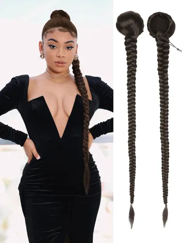 Vista 10 de WIGER Cola de caballo larga trenzada para mujeres negras de 34 pulgadas con cordón de ajuste, cola de caballo Yaki recta con clip, extensiones