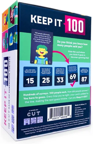 Vista 2 de Keep It 100: The Card Game by Cut Encuestas sorprendentes y adivinanzas intuitivas Juego de cartas para familiares, amigos, fiestas y noche