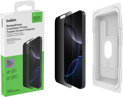 Vista 19 de Belkin ScreenForce InvisiGlass - Protector de pantalla de privacidad para iPhone 16 Plus, protección contra impactos resistente a los arañazos