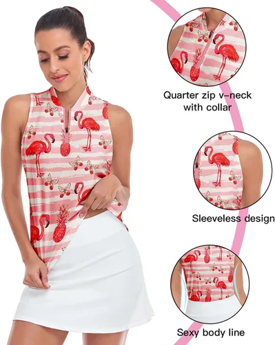 Vista 2 de Soneven Camiseta polo sin mangas para mujer, de secado rápido, cuello en V, ligera, con protección UV 50+