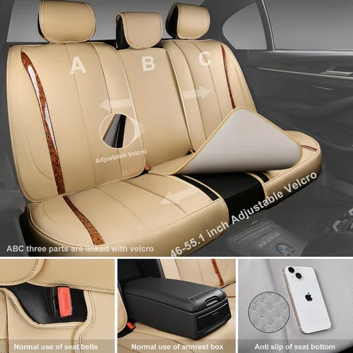 Vista 3 de CAR PASS Fundas de cuero beige para asiento de automóvil, juego completo de fundas de asiento automotriz transpirables e impermeables, cojín