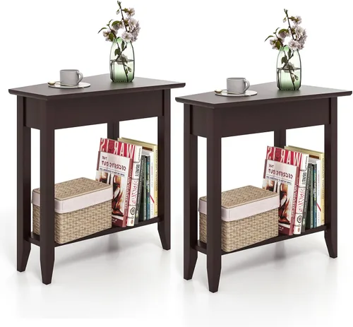 Vista 10 de GOFLAME Mesa auxiliar de cuña de 2 niveles, mesa auxiliar triangular estrecha con estante de almacenamiento, patas de madera maciza, mesita