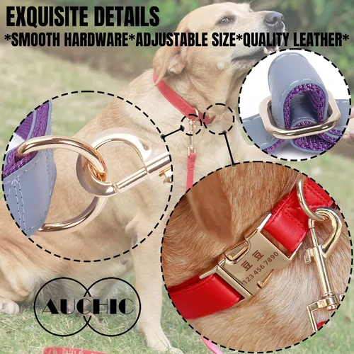 Vista 3 de Custom Large Dog Collar Solid Color Personalized Pet Collar Leather & Nylon Puppy Dogs ID Collars Engraved Name for Small Medium Large Dog