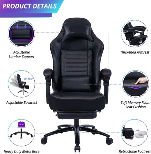 Vista 5 de Silla ergonómica para juegos con soporte lumbar de masaje y reposapiés retráctil, respaldo alto, estilo carreras, silla de computadora de oficina