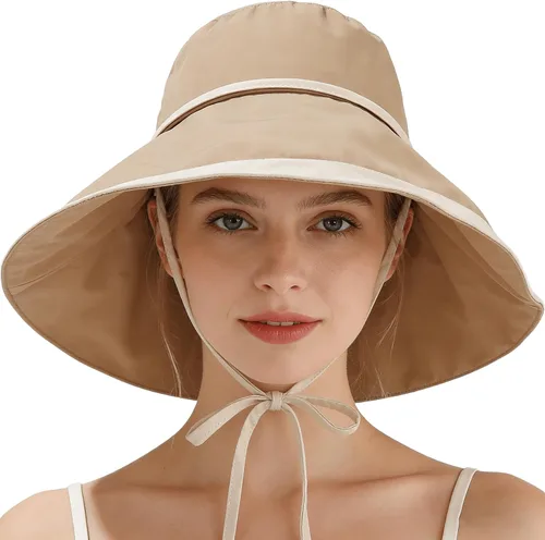 Vista 10 de Sombrero de sol de ala ancha UPF 50+ para mujer, transpirable, con protección UV, plegable para la playa al aire libre Beige
