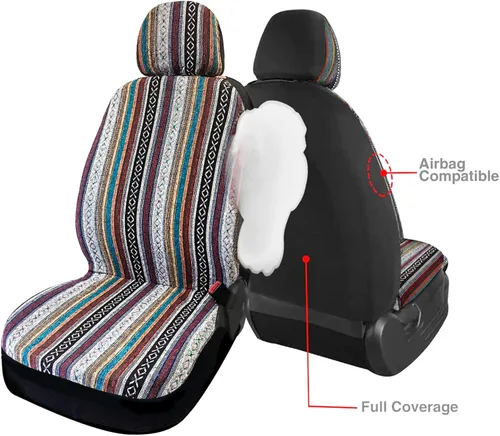 Vista 9 de Funda de Asiento de Coche Manta Baja Saddle 4PCS Delantera a Rayas Multicolor, Funda de Asiento Hippie Boho de Ajuste Universal para Toyota, Honda