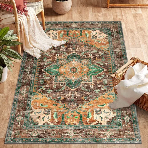 Vista 53 de Yamaziot Tapete lavable de 2 x 3 pulgadas, para entrada pequeña, antideslizante, estilo bohemio vintage, reverso de goma, lana sintética de pelo