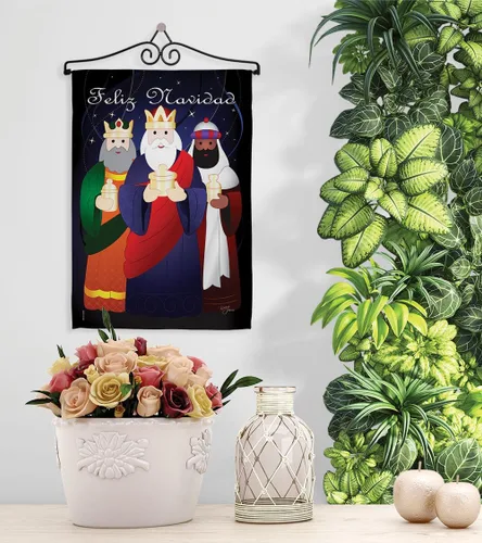 Vista 6 de Bandera de jardín de Feliz Navidad, decoración de pared para tres reyes, tapiz religioso para la temporada de la santa familia, letrero de puerta