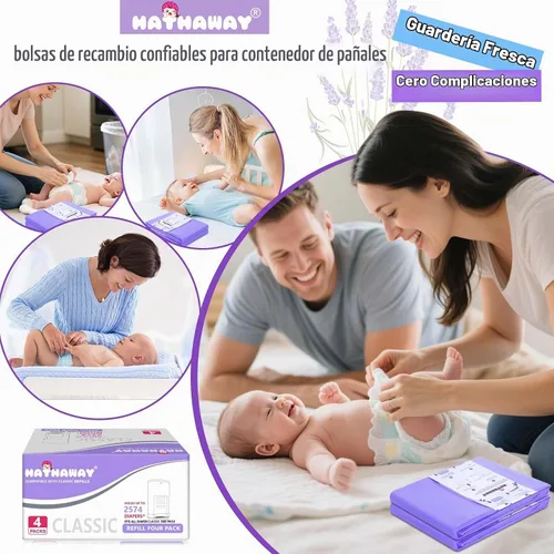 Vista 6 de Recambios compatibles con Dekor Classic, 30% de longitud extra, paquete de 4 forros para cubos de pañales con aroma a lavanda