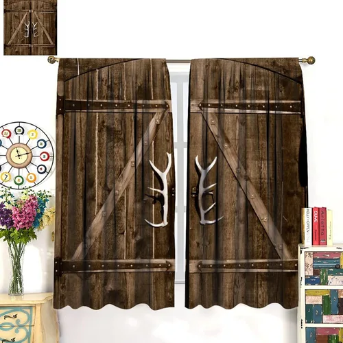 Vista 3 de Cortinas rústicas occidentales marrones con patrón de cornamenta para puerta, con bolsillo para barra, cortinas de ventana para dormitorio, sala