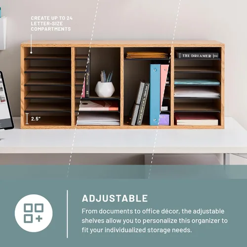Vista 4 de Scranton & Co Organizador de archivos ajustable de madera de roble medio con 24 compartimentos