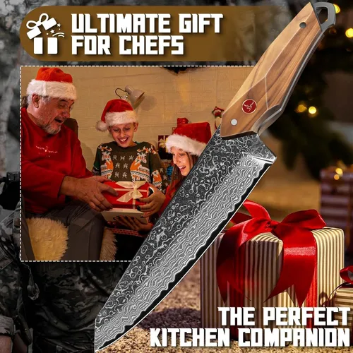 Vista 7 de TAN REN Cuchillo de chef de Damasco de 6 pulgadas con funda, cuchillo japonés Kiritsuke afilado, cuchillos de cocina de Damasco de espiga completa