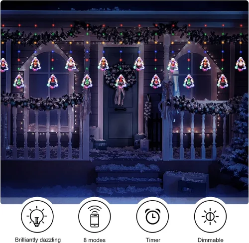 Vista 6 de BLOOMWIN Luces de Ventana de Navidad Decoraciones de Ventana Navideñas Iluminadas - Luz de Anillo en Forma de Árbol con Luz de Cortina de Ornamento