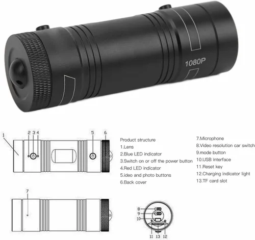 Vista 5 de Diyeeni Cámara deportiva para casco de bicicleta, mini cámara de acción completa de 1080p, cámara de video portátil gran angular de 120°, micrófono