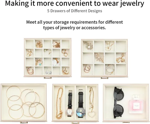 Vista 2 de V-LAFUYLIFE Caja de almacenamiento de joyas, organizador de joyas con 22 ganchos para collares, caja de joyería grande para anillos, pulseras
