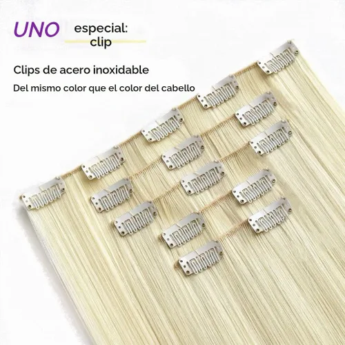 Vista 4 de Extensiones de cabello rubio con clip, lacio, de 22 pulgadas de largo, sintético, negro, grueso, 5 piezas para mujeres, bodas, fiestas, uso diario